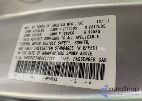 2012 Honda Accord 2.4 Lx from USA, damaged, VIN 1HGCP2F34CA037302